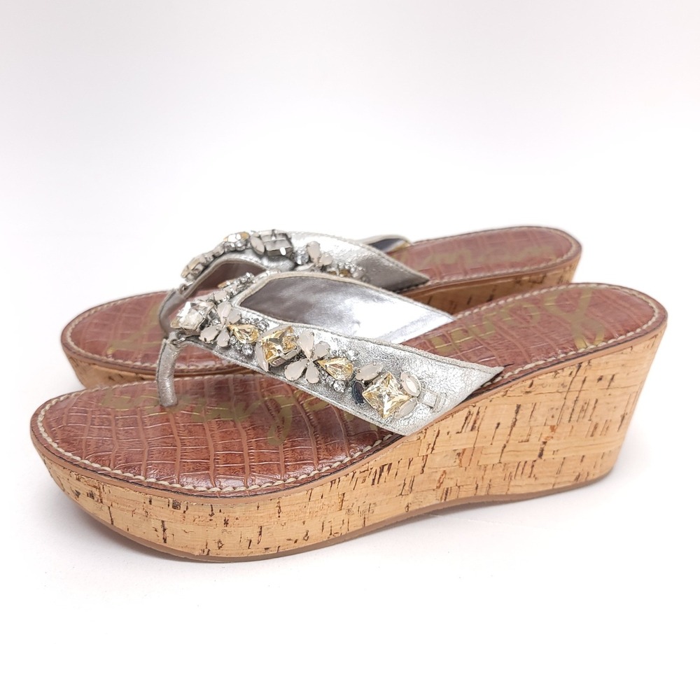 Sam Edelman Randi Silver Crystal Embellished Cork Wedge Sandals Womens 8.5M